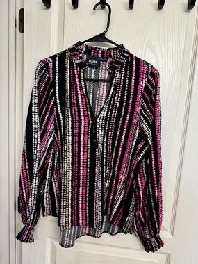 Anthropologie Striped Pink & Black Button V-Neck Blouse